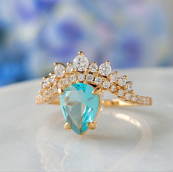 Blue and Teal tourmaline Pear Gemstone ring, 925 Sterling Silver Charmed Aroma - Picture 5 of 5